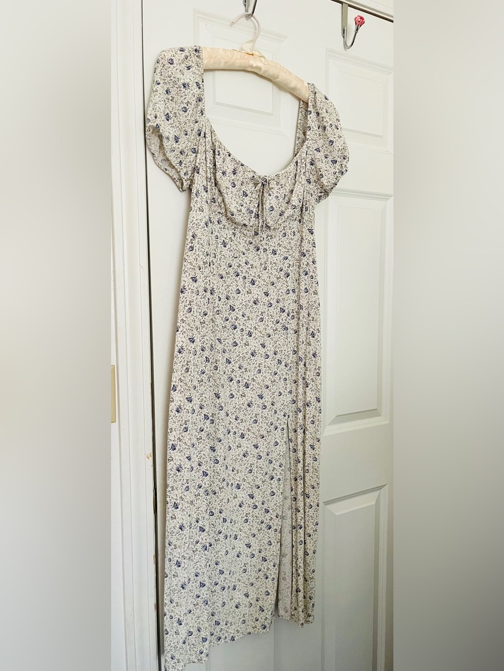 H&M Cream Maxi Dress with Blue Floral Print Milkmaid Style Bodice